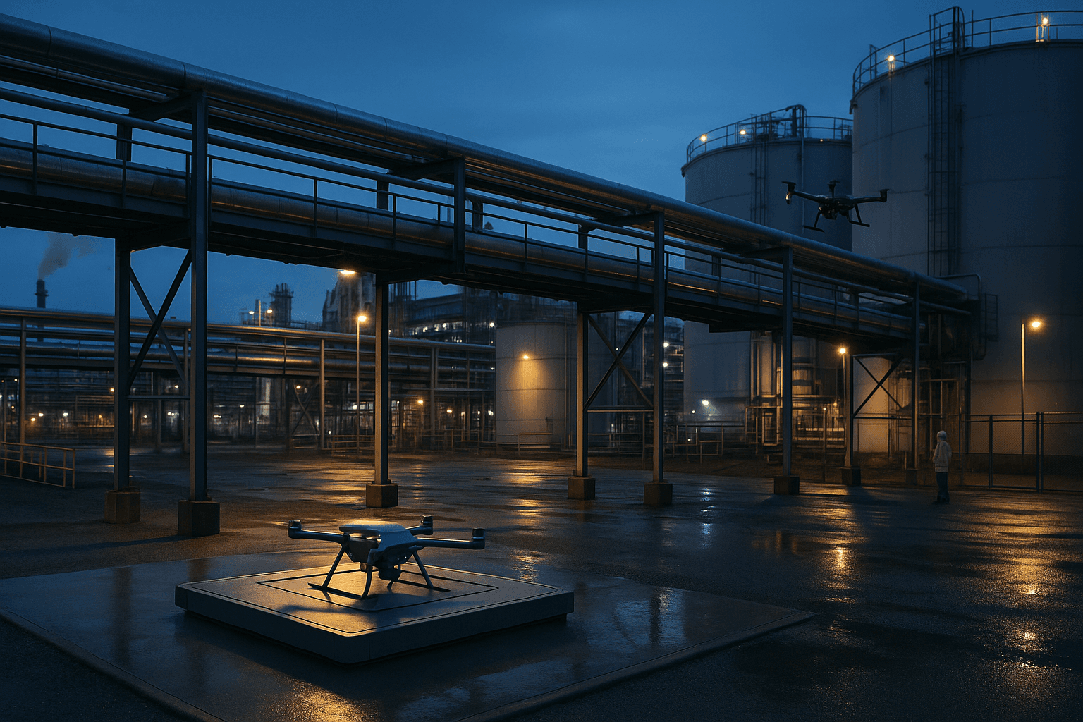 Vista oblíqua de uma instalação industrial ao anoitecer, com drone inspecionando tubulações, estação de pouso autônoma no pátio e profissional de segurança ao fundo.