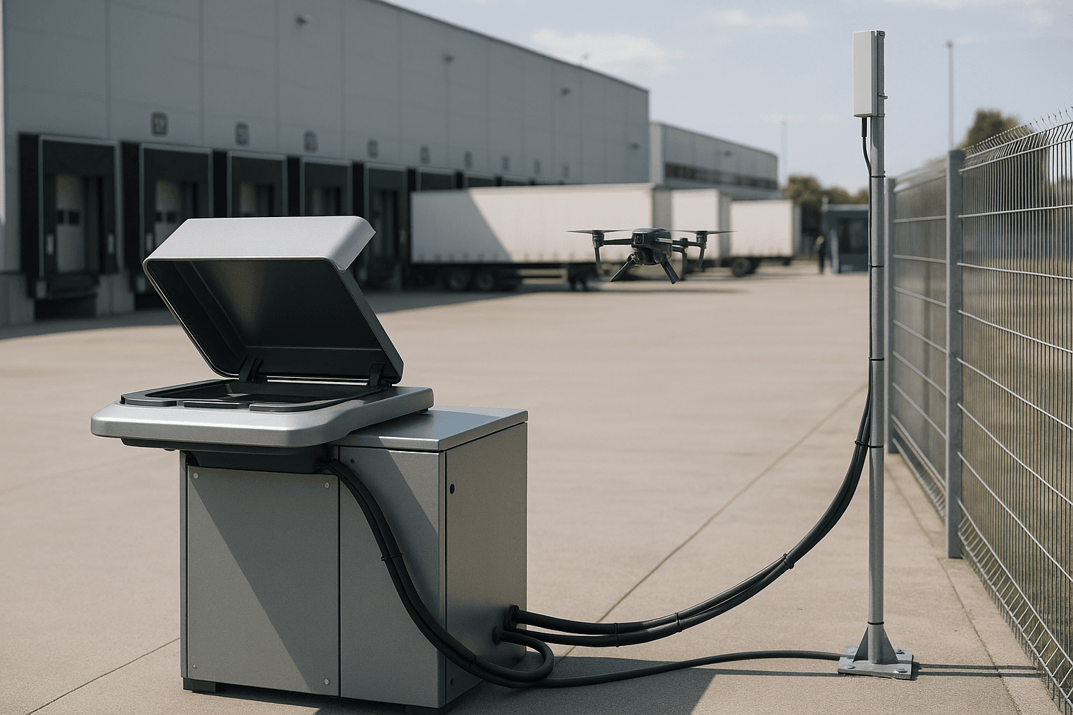 Estação de docking para drone conectada a antena e gabinete de comunicação no perímetro de um centro logístico, com drone retornando e operador ao fundo.