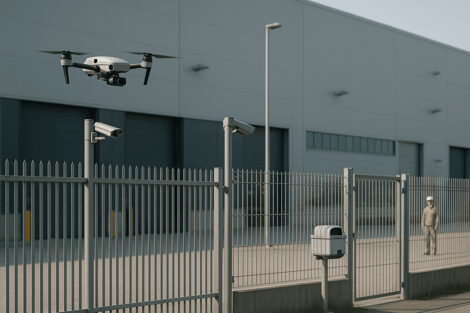 Drone de segurança patrulhando o perímetro cercado de um centro logístico, com câmeras CFTV, portão de acesso, estação de pouso e operador distante.