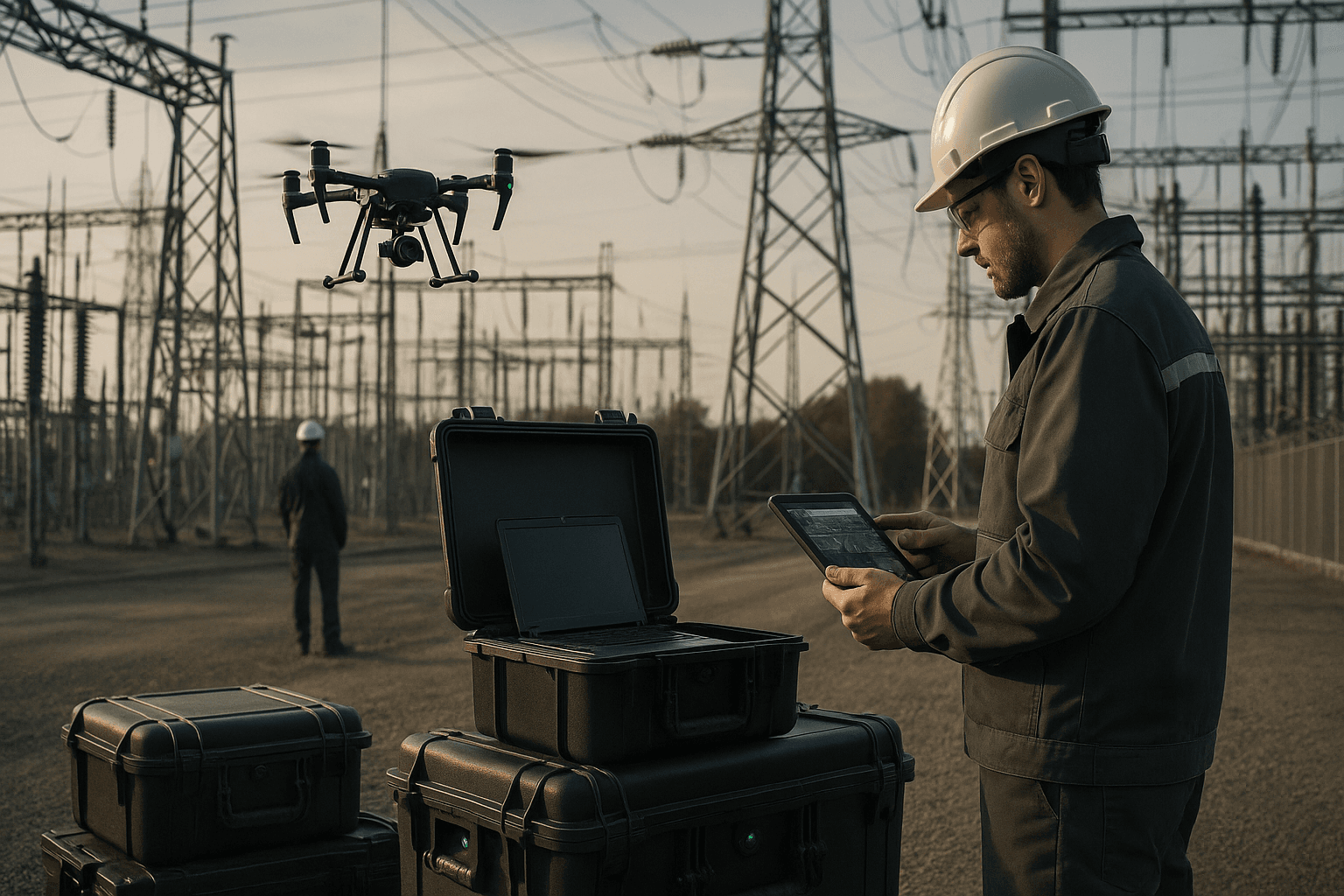 Operação de inspeção de infraestrutura com drone e equipe analisando dados em campo.