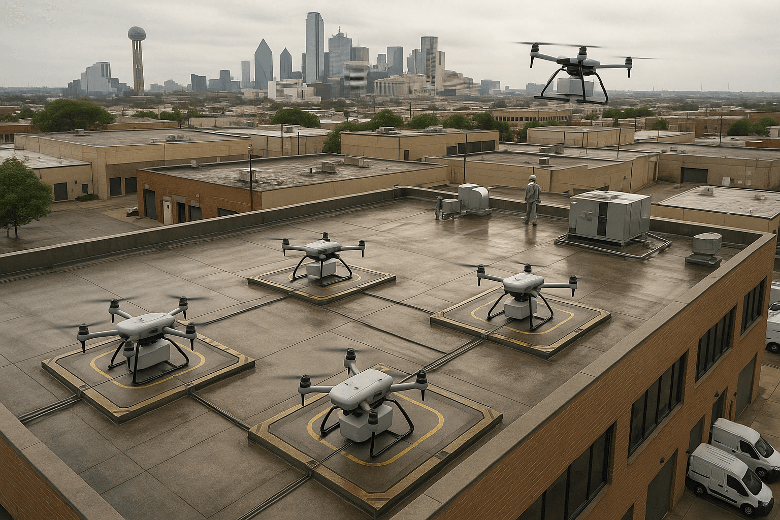 Vista aérea oblíqua de um telhado comercial em Dallas com vários docks de recarga para drones de entrega, aeronaves estacionadas, uma decolando e restaurantes próximos na área ao redor.
