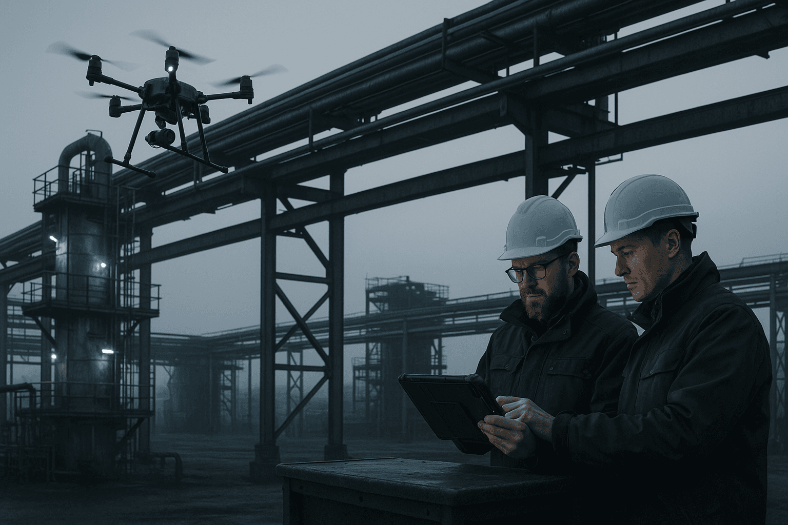 Drone realiza inspeção em estrutura industrial enquanto equipe consulta informações operacionais em campo.