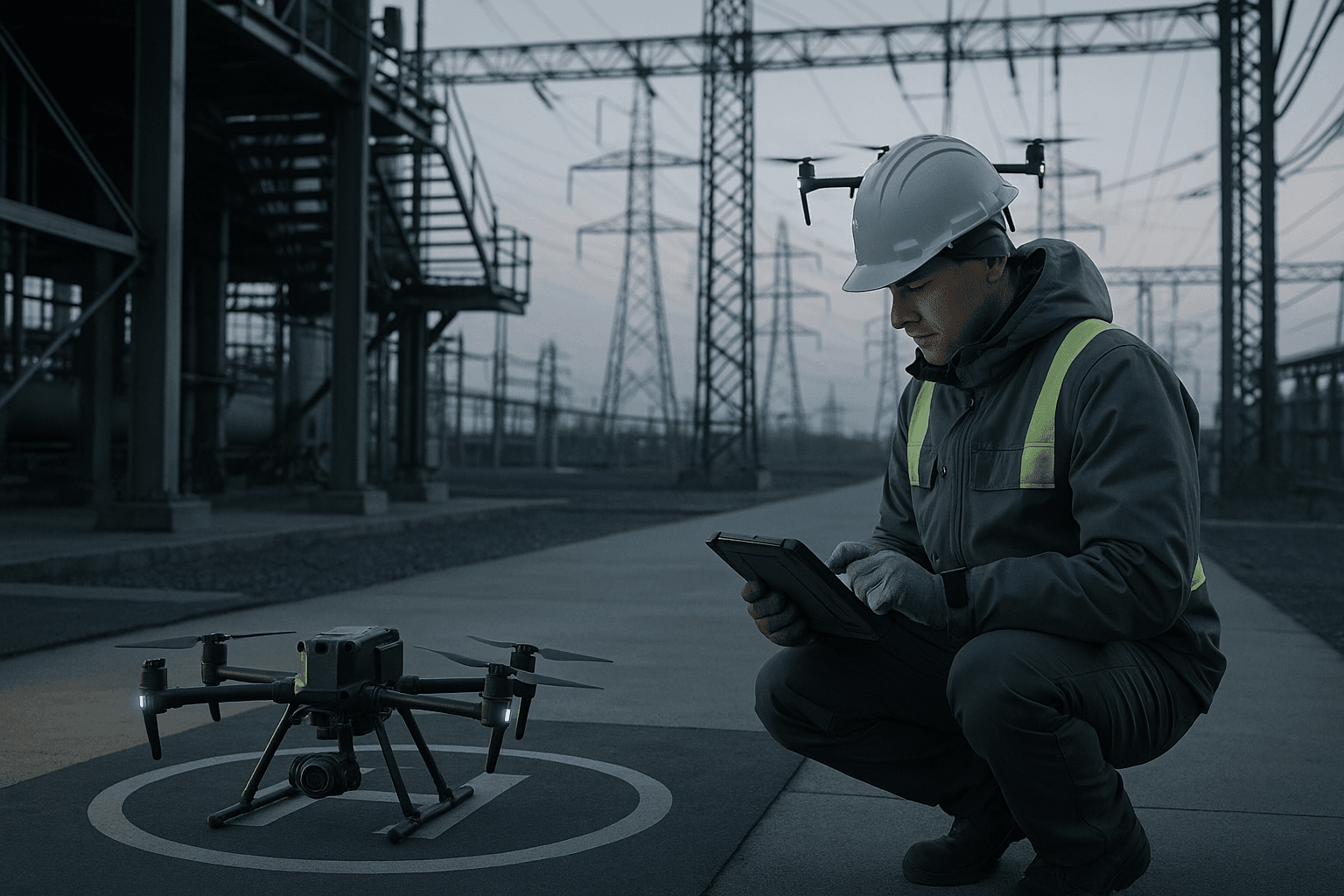 Operador prepara drone para inspeção em ambiente de infraestrutura industrial.