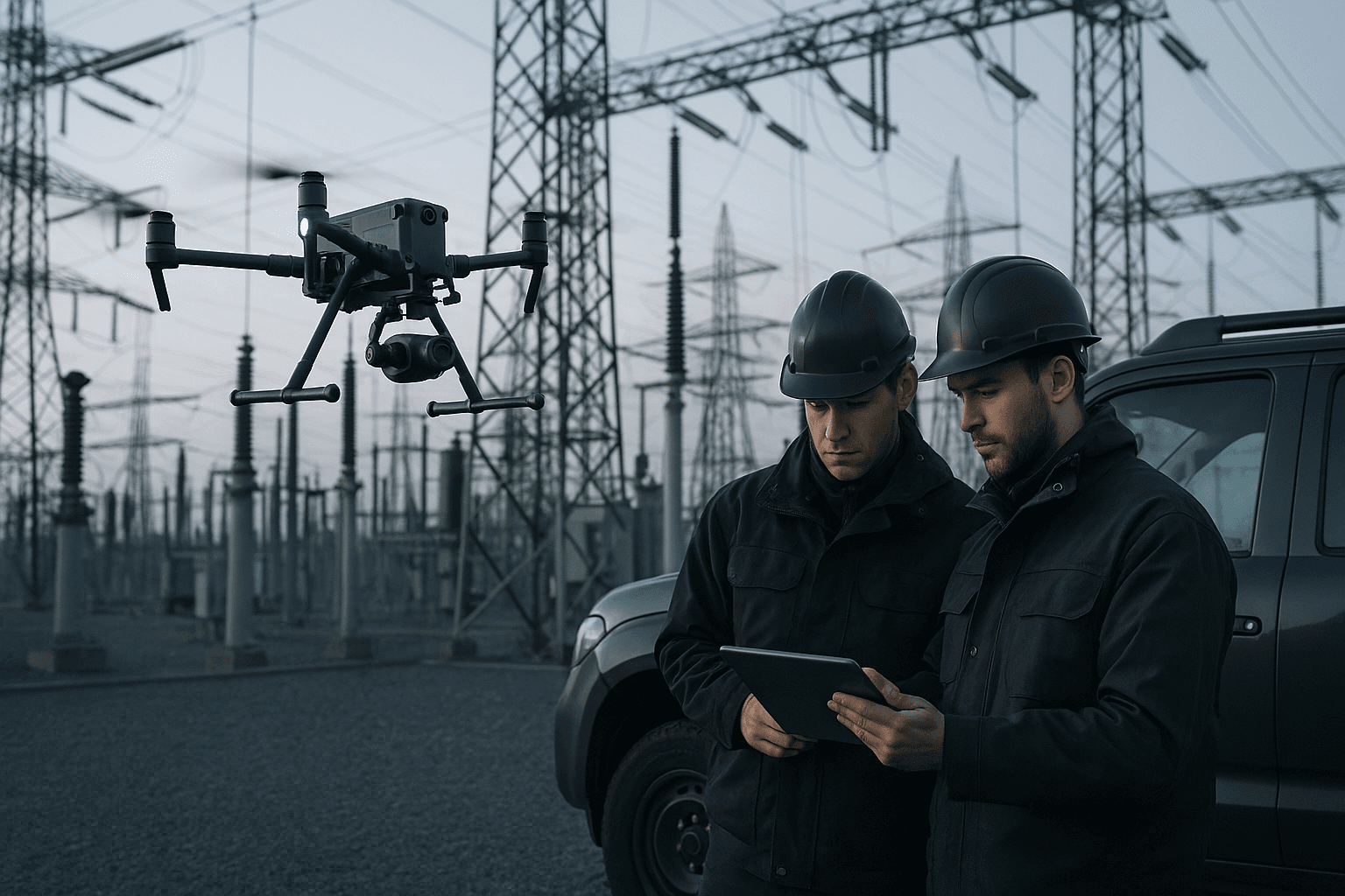 Drone realizando inspeção em subestação elétrica enquanto equipe de campo acompanha a operação.