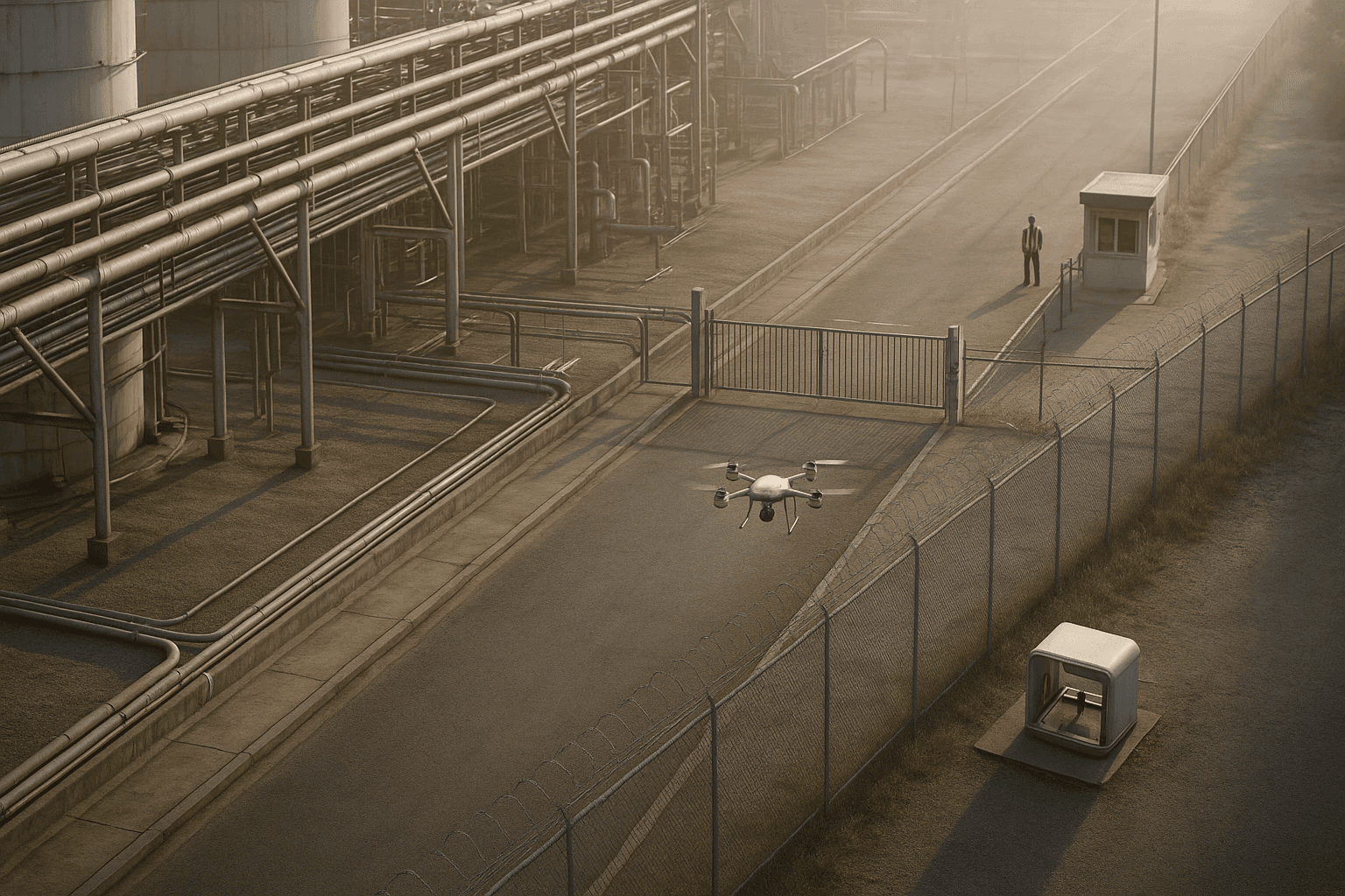 Vista oblíqua de uma planta industrial ao amanhecer, mostrando tanques, tubulações, perímetro cercado, portaria e um drone em rota de monitoramento automatizado junto à cerca.