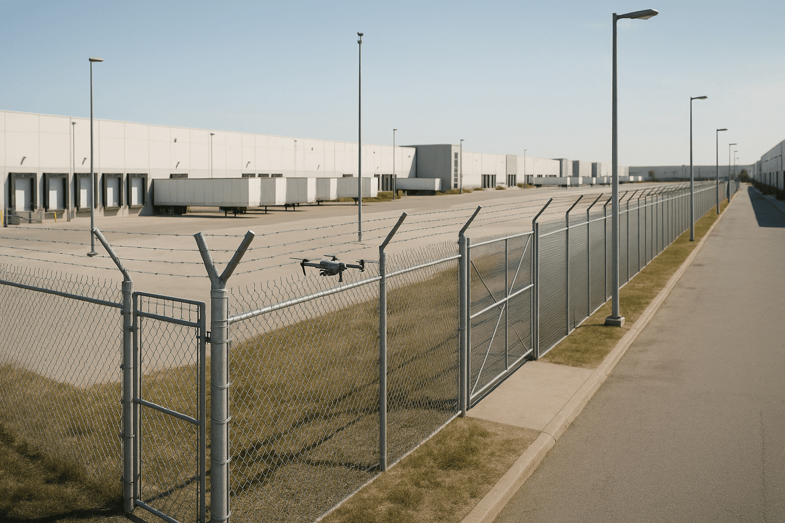Vista ampla de um centro logístico com cerca perimetral, portão controlado e sensores, enquanto um pequeno drone patrulha lateralmente a linha de segurança sob luz diurna.