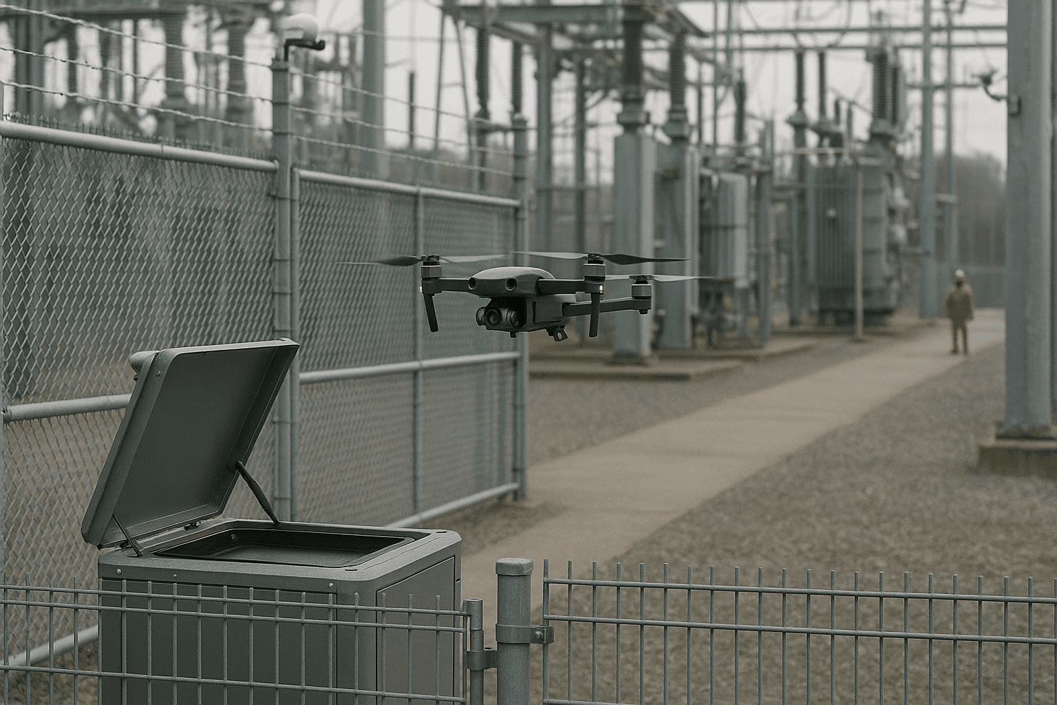 Drone sem marca decolando de uma estação automatizada ao lado da cerca de perímetro de uma subestação industrial, com portão controlado, câmeras e equipamentos elétricos ao fundo.