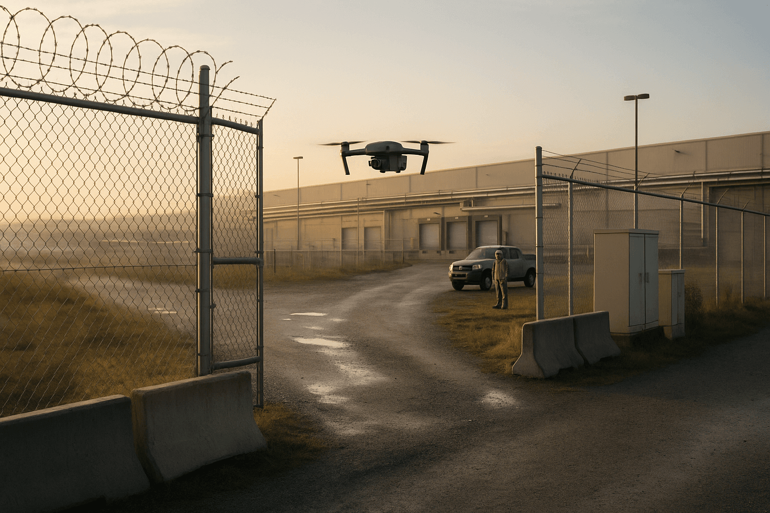 Drone realizando verificação visual junto à cerca de um pátio logístico industrial ao amanhecer, com profissional de segurança supervisionando a operação à distância.