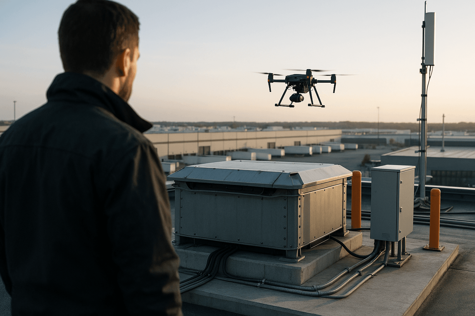 Técnica vista de costas supervisiona, no telhado de um centro logístico, um drone retornando a um dock de alta capacidade com infraestrutura elétrica e antena celular ao amanhecer.