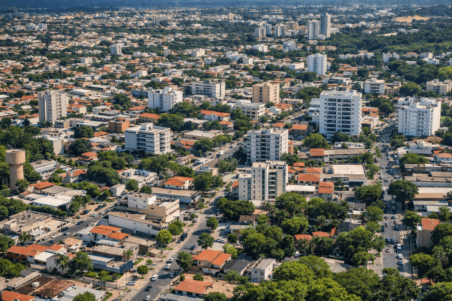 Drone em operação sobre ambiente urbano e áreas de infraestrutura representando monitoramento aéreo regional